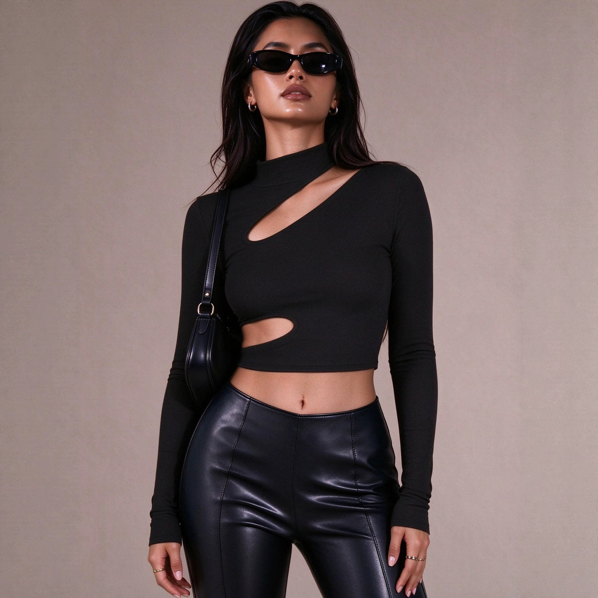 Women's Autumn Half High Collar Pairs Hollow Out Cutout Long-Sleeve T Shirt Slim Fit Slimming Short Top