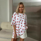 Women's Sexy Women Clothing Love Mesh Stitching Loose Basic Round Neck Short Sleeve T Shirt