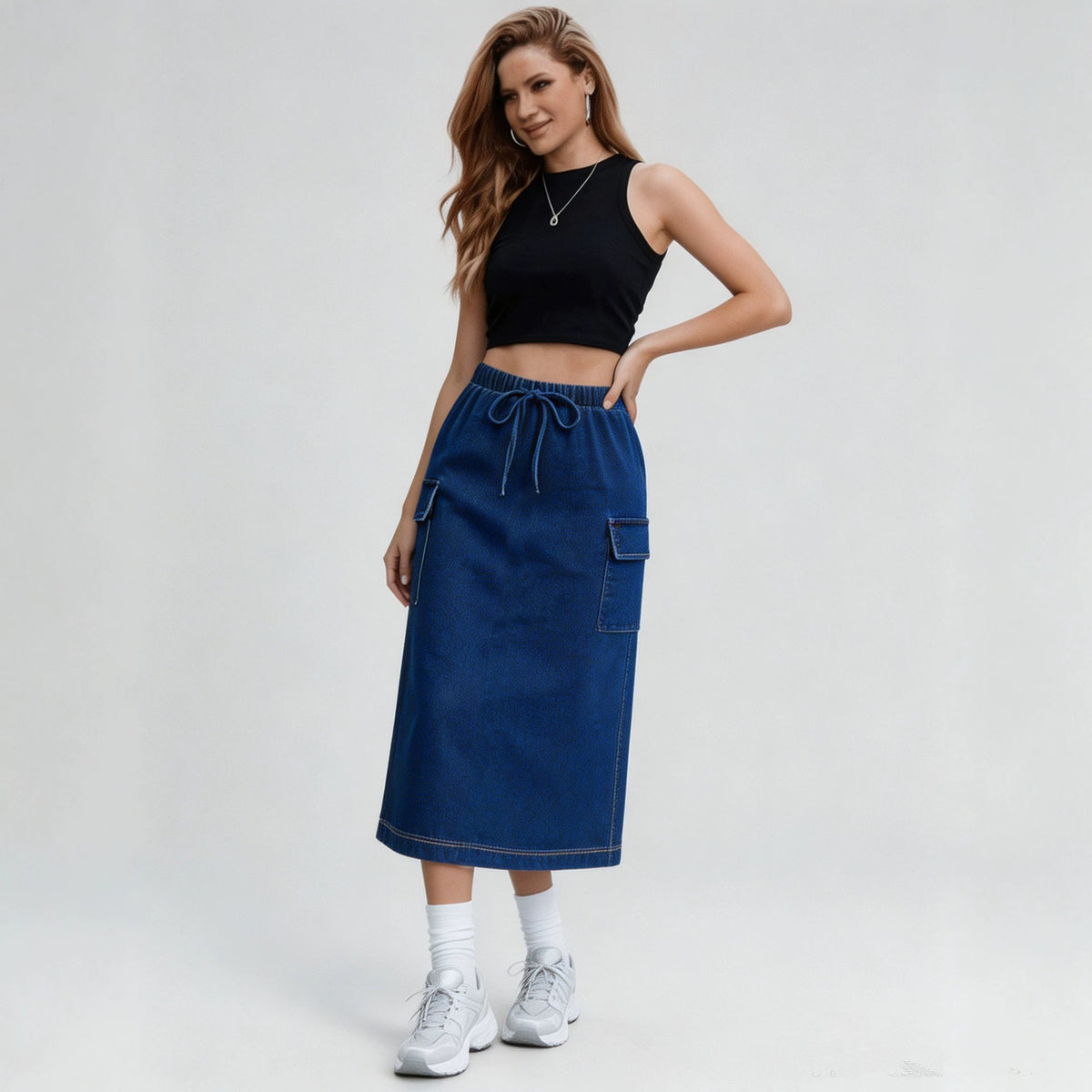 High-Waist Midi Denim Skirt
