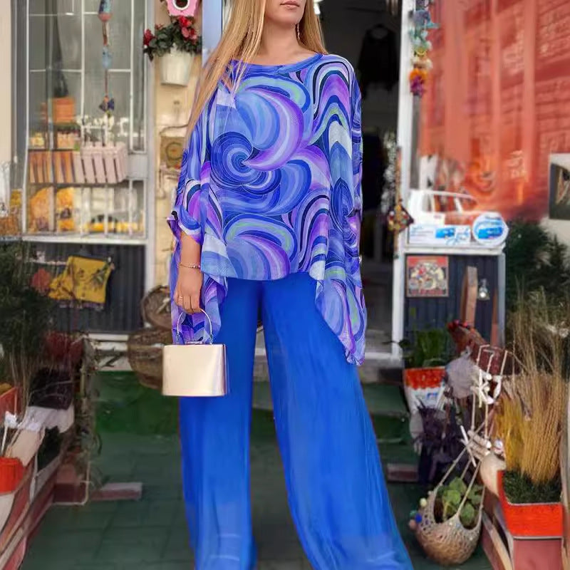 Summer Colorful Chiffon Casual Round Neck Printed Two Piece Set Women's