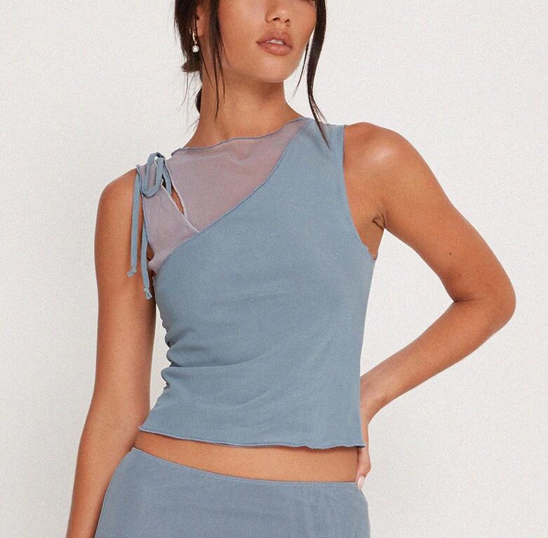 's Arrival Slim Sleeveless Faux Two Piece Tether Short Mesh Top