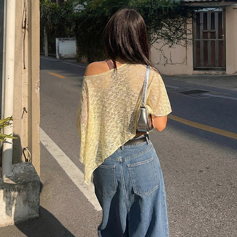 Women's Asymmetric Sheer Shawl Long Sleeve Top