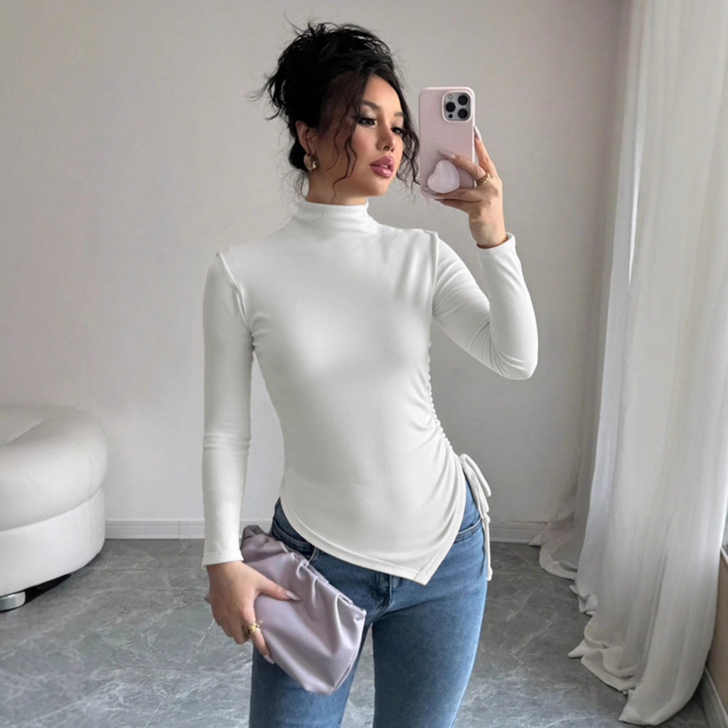 Women's Asymmetric Ruched Mock Neck Long Sleeve Top