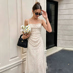 Spaghetti-strap long slip dress with scattered dot print and ruched bust