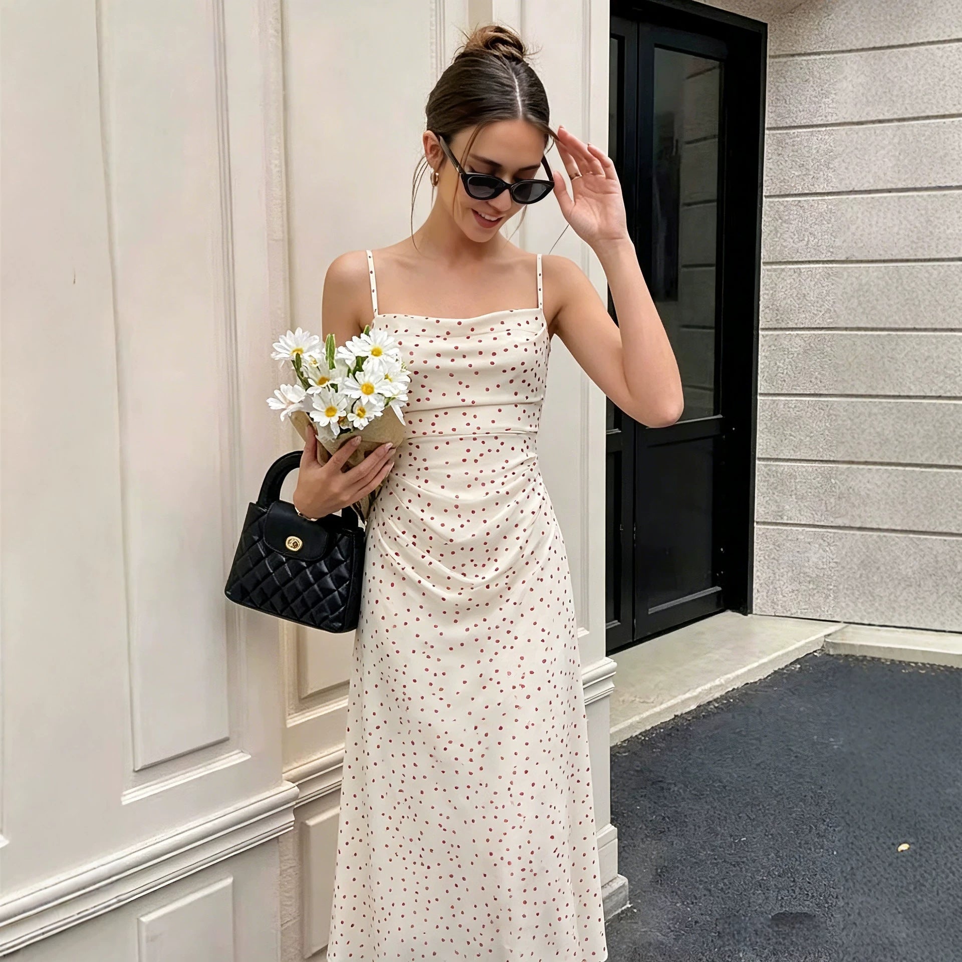 Spaghetti-strap long slip dress with scattered dot print and ruched bust