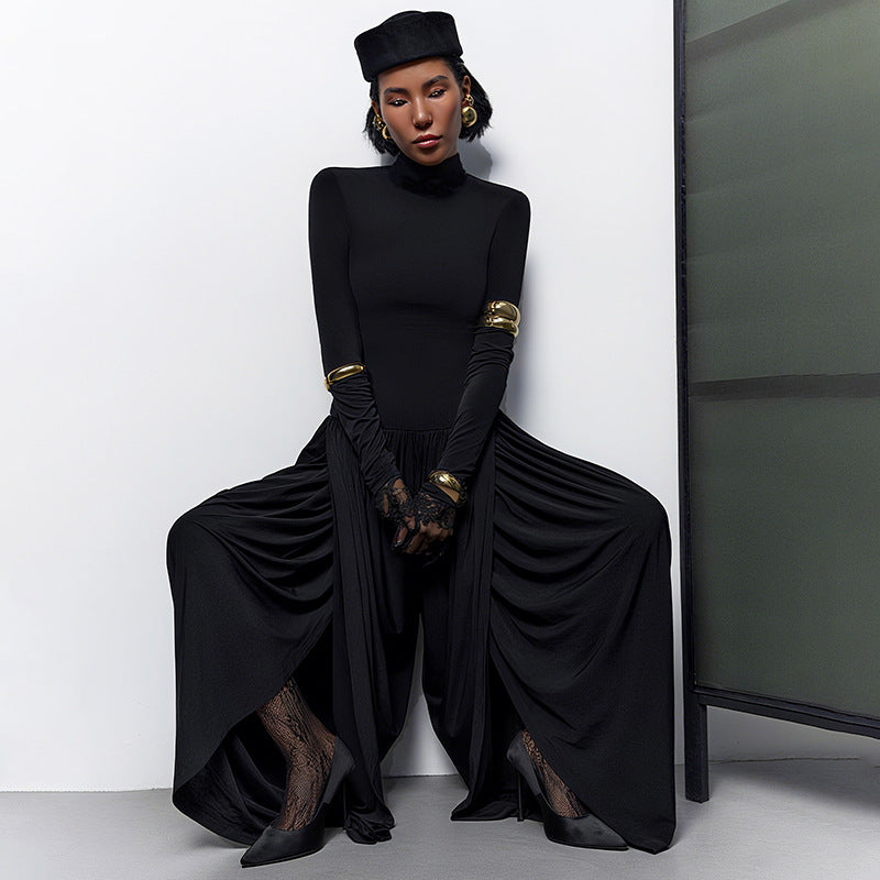 Turtleneck Pleated Wide-Leg Jumpsuit