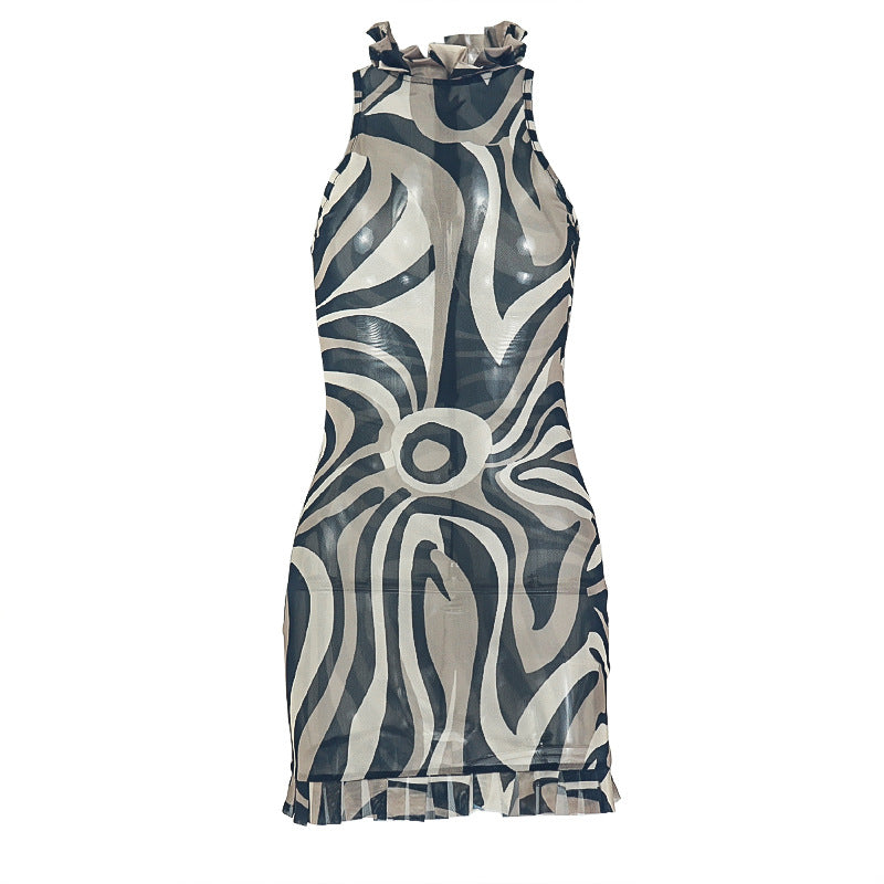 Women's Streetwear Printed Round Neck Party Hip Black Pattern Waist Trimming Short Dress