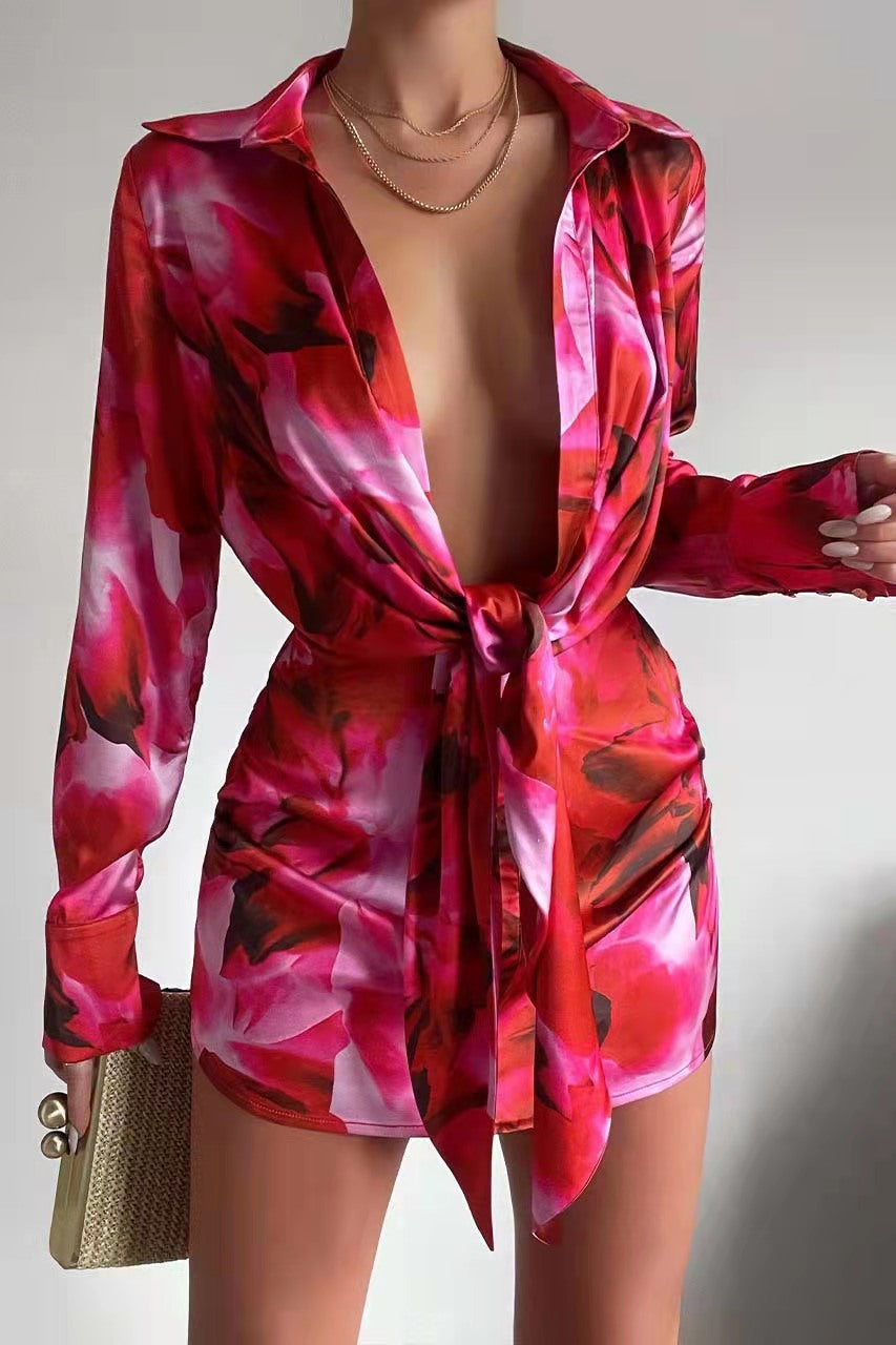 Women's Sexy Women Wear Digital Printing Series Button Long Sleeve Shirt Dress
