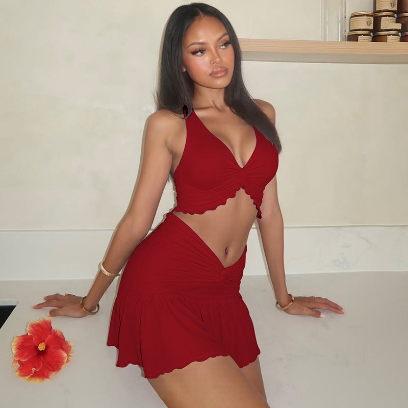 Women's Women Clothing Summer Sexy Twisted Lace Up Vest Slim Skirt Set
