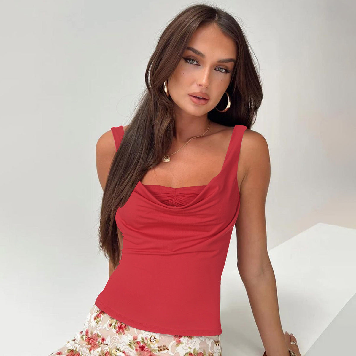 Women's Spring Summer Sexy U Collar Pleated Slim Fit All Match Small Tank Top