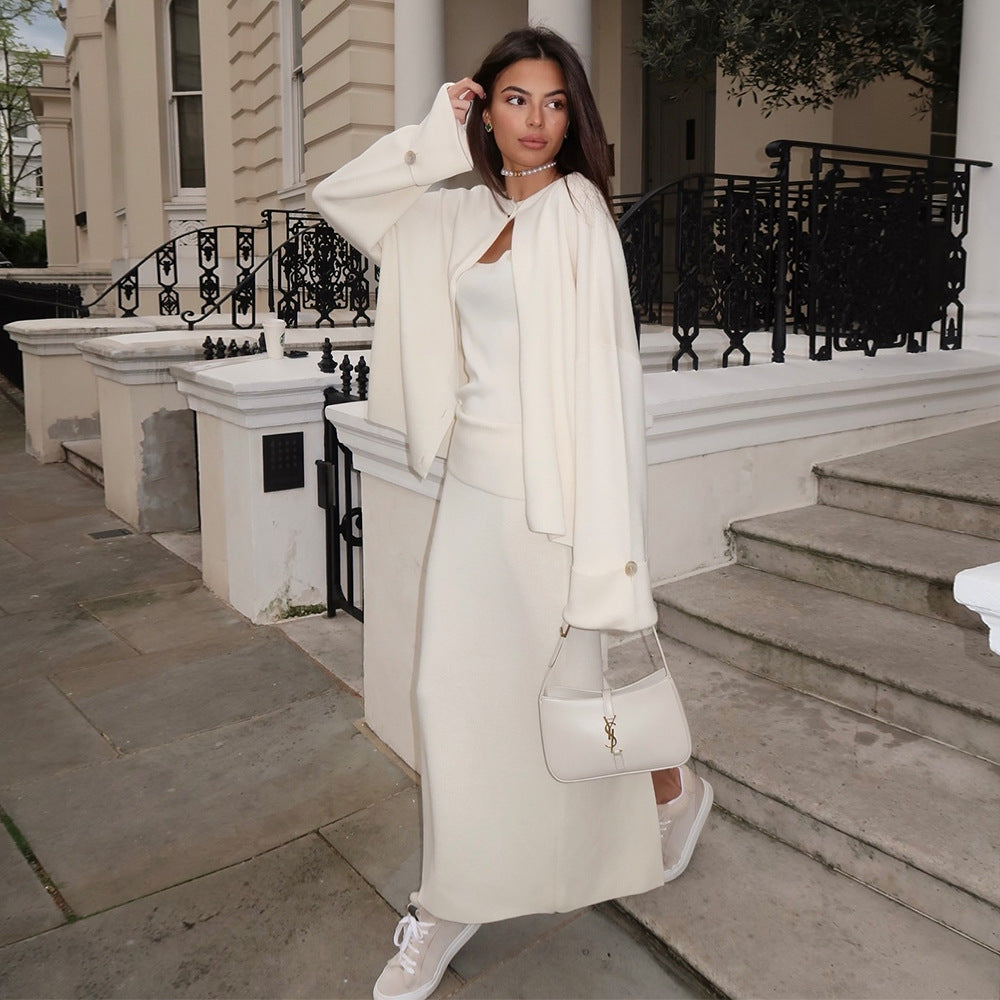 Women's Knit Long-Sleeve Three-Piece Skirt Set