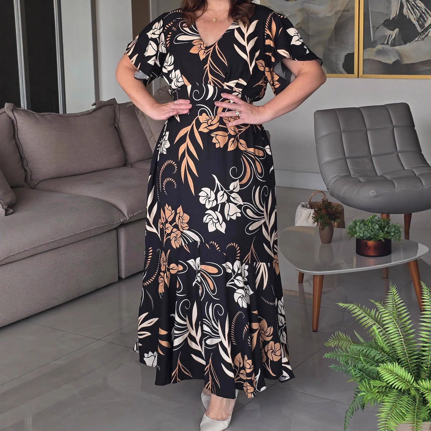 Floral V-Neck Ruched Short-Sleeve A-Line Maxi Dress