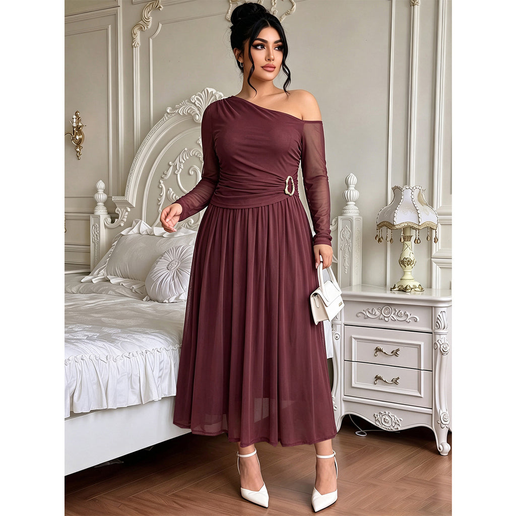 Plus Size Burgundy One-Shoulder Mesh Midi Dress