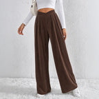Autumn Winter Retro Coffee Color Wide Leg Pants Women V Shaped Waist Pleated Casual Loose Trousers