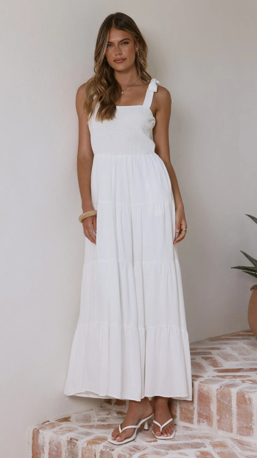White sleeveless summer dress, square neckline, gathered tiered skirt, ankle length