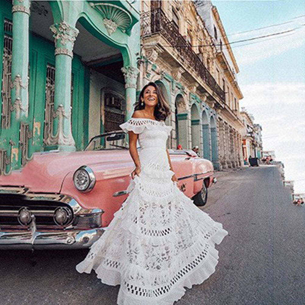 Off-Shoulder Ruffled Lace Maxi Dress