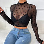 Women's Floral Lace Mock-Neck Long Sleeve Top