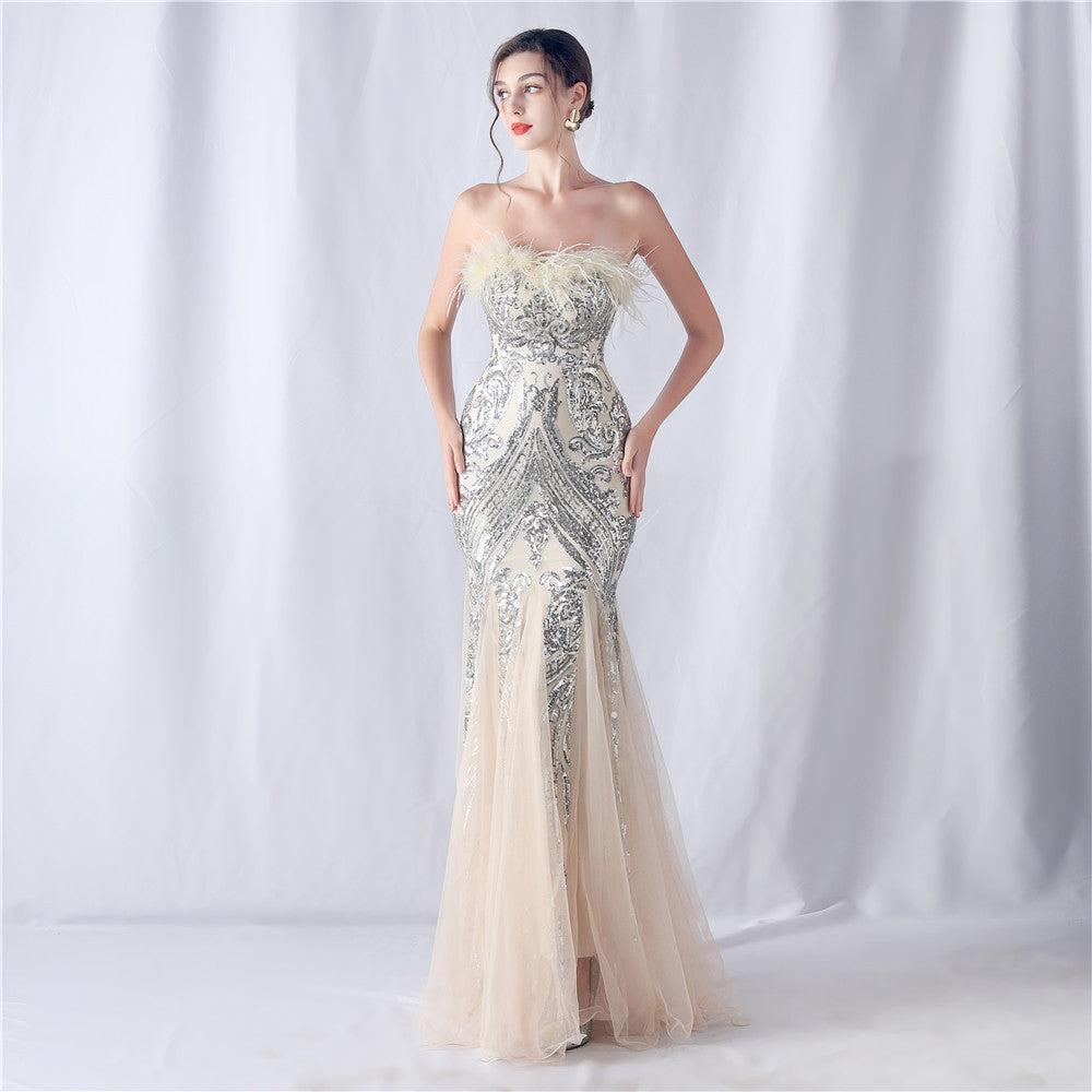 Women's Ostrich Feather Floral Cutting Wedding Strapless Sequin Gauze Dress