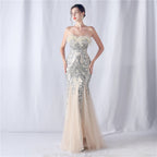 Women's Ostrich Feather Floral Cutting Wedding Strapless Sequin Gauze Dress