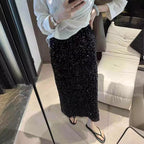 High Waist Sequined Elastic Back Slit Straight Long Skirt