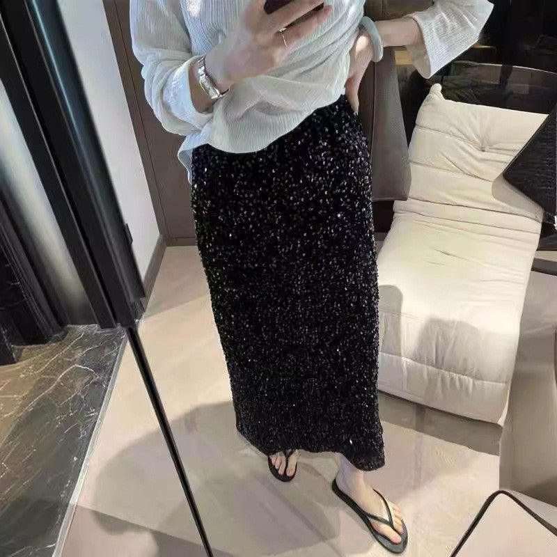 High Waist Sequined Elastic Back Slit Straight Long Skirt
