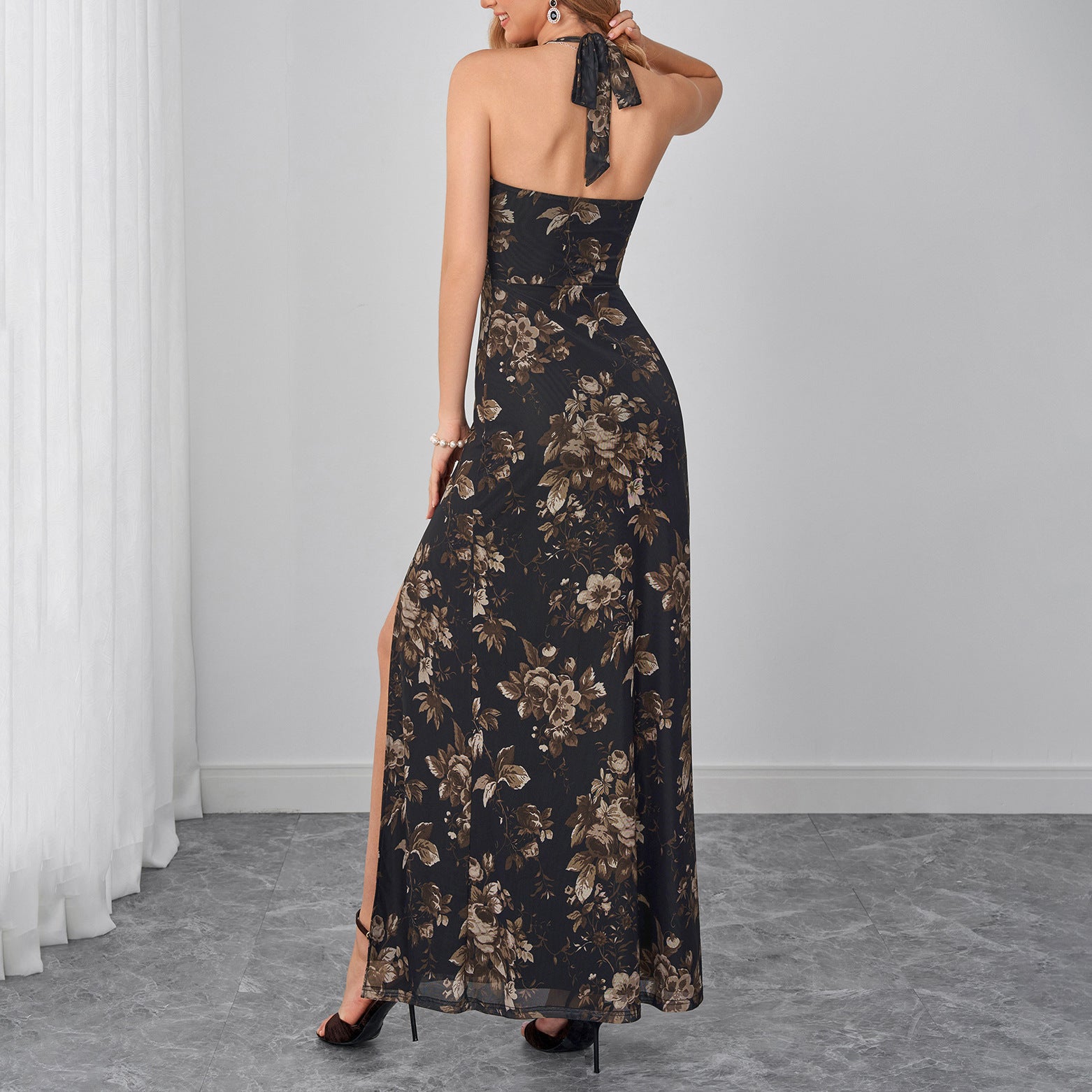 Women's Mesh Halter Split Printed Maxi Dress