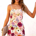 Women's 3D Floral Embroidered Spaghetti Strap Mini Dress