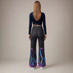 Women's Summer Pattern Thin Bell Bottom Pants Starry Sky Printed Knitted Trousers Trendy Wide Leg Pants For Women