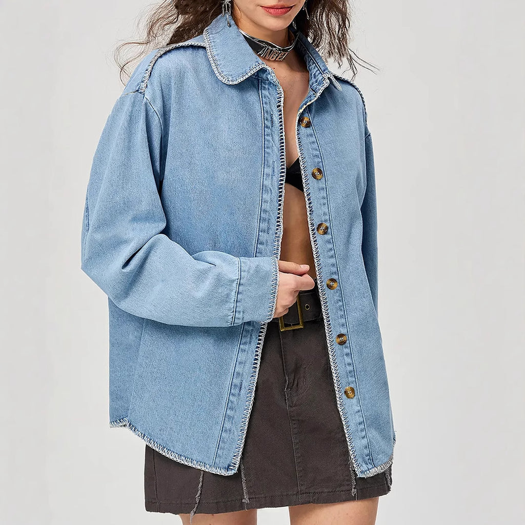 Women's Street Polo Collar Long Sleeve Denim Shirt