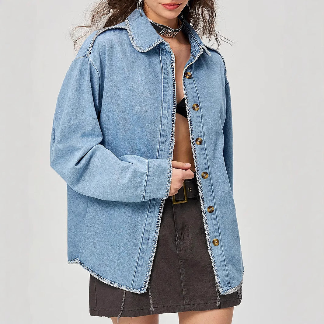 Women's Street Polo Collar Long Sleeve Denim Shirt