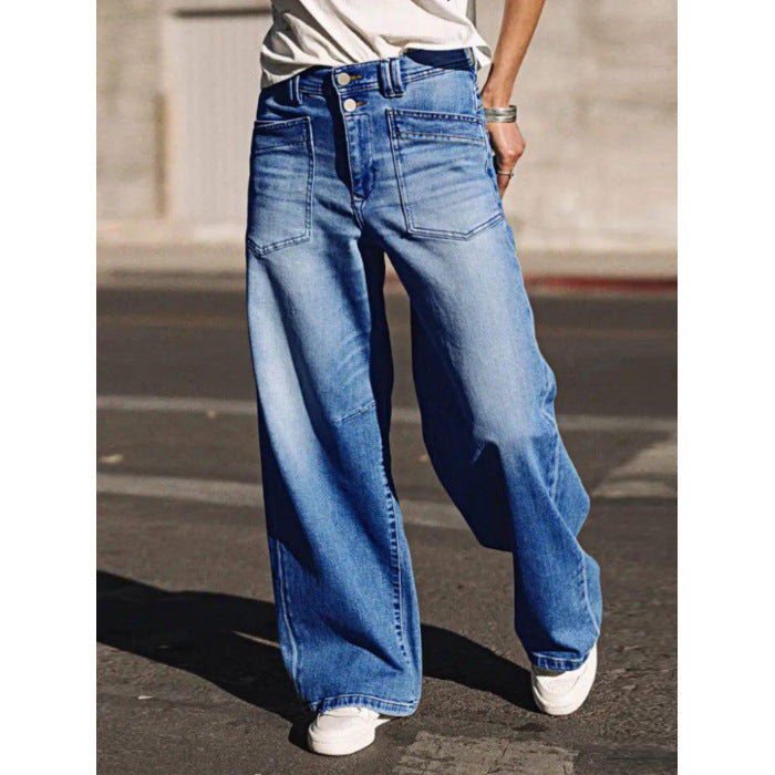 Women's loose elastic-waist denim jeans, washed royal blue wide-leg with front pockets