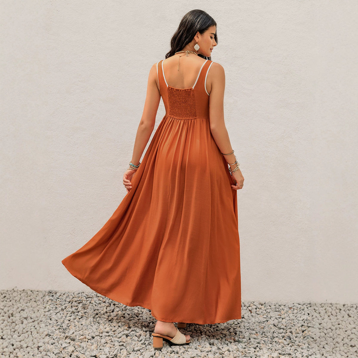 Vacation Dress Lace Stitching V neck Tassel Lace Beach Dress