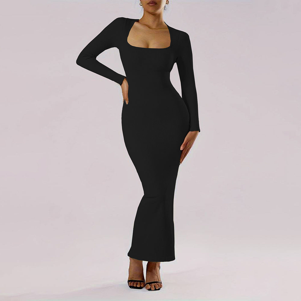 Women's Classic Wind Square Collar Dress Slim Ankle Length Sheath