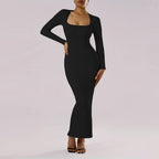 Women's Classic Wind Square Collar Dress Slim Ankle Length Sheath