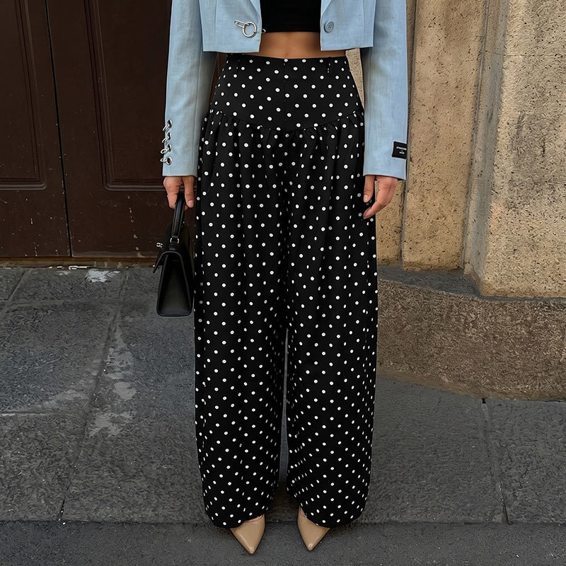 Women's Sweet Cool Women Pants Retro Pleated Loose High Waist Wide Leg Polka Dot Casual Trousers