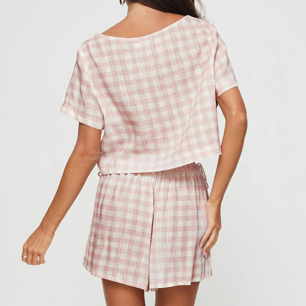 Women's Summer Short Sleeve Pink Plaid Bow Lace Up Top Shorts Sweet