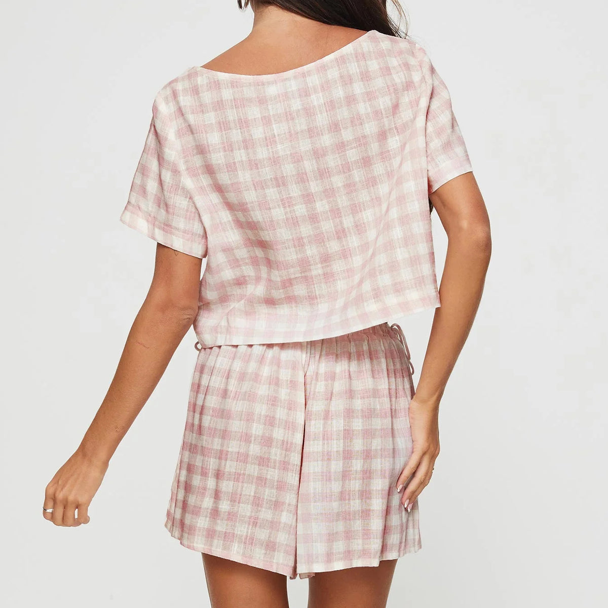 Women's Summer Short Sleeve Pink Plaid Bow Lace Up Top Shorts Sweet