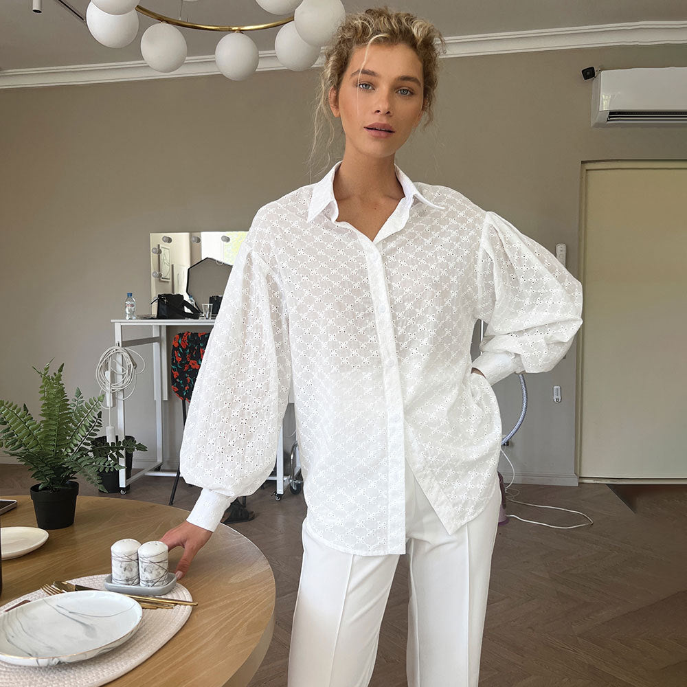 Women's Lantern Sleeve Jacquard Shirt Wild Polo Collar Small Hollow Out