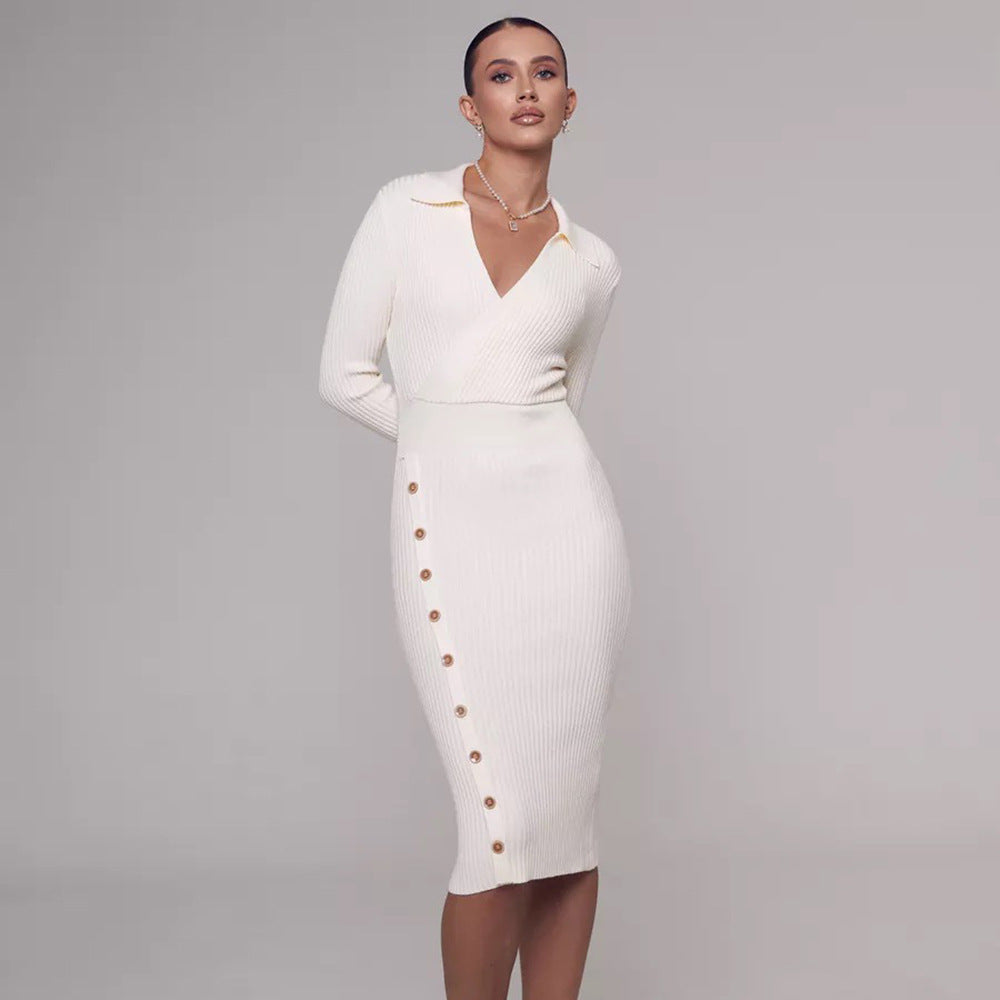 Women's Polo-Collar Knitted Sweater Dress