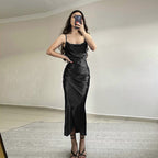 Low Cut Satin Split Strappy Dress Slim Backless Maxi