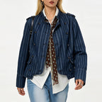 Women's Denim Jacket Women Striped Slim Fit Slimming Washed Dark Blue Retro Old Money