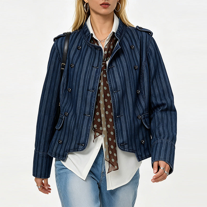 Women's Denim Jacket Women Striped Slim Fit Slimming Washed Dark Blue Retro Old Money