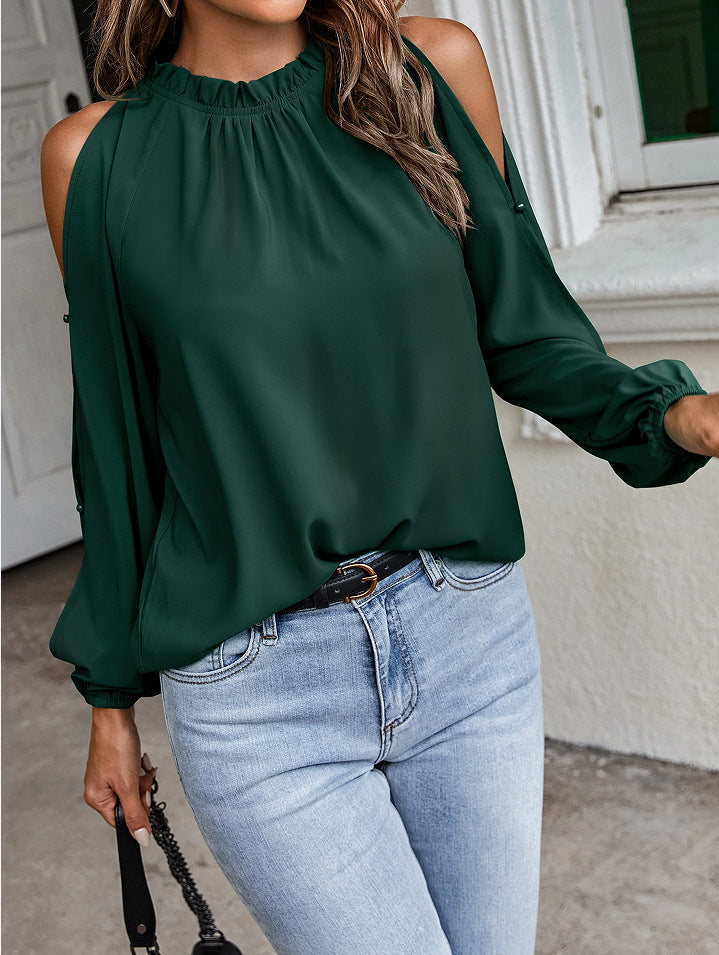Women's Autumn Winter Women Solid Color Lotus Leaf Round Neck Long Sleeve Pleated Off Shoulder Blouse