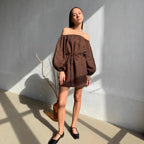 Long-Sleeve Off-Shoulder Cotton Short Dress Brown Puff Sleeve