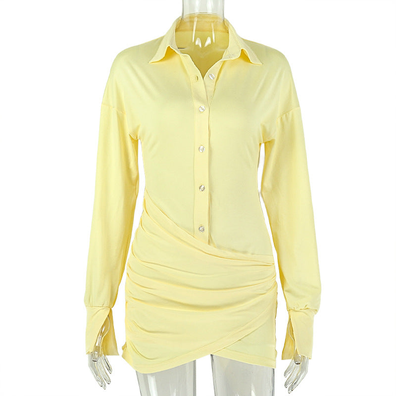 Yellow long-sleeve V-neck pleated mini dress with button front and ruched waist