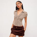 Plaid Shirt Summer Retro Coffee Color Pleated Sexy Stringy Selvedge Lace up Peter Pan Collar Shirt