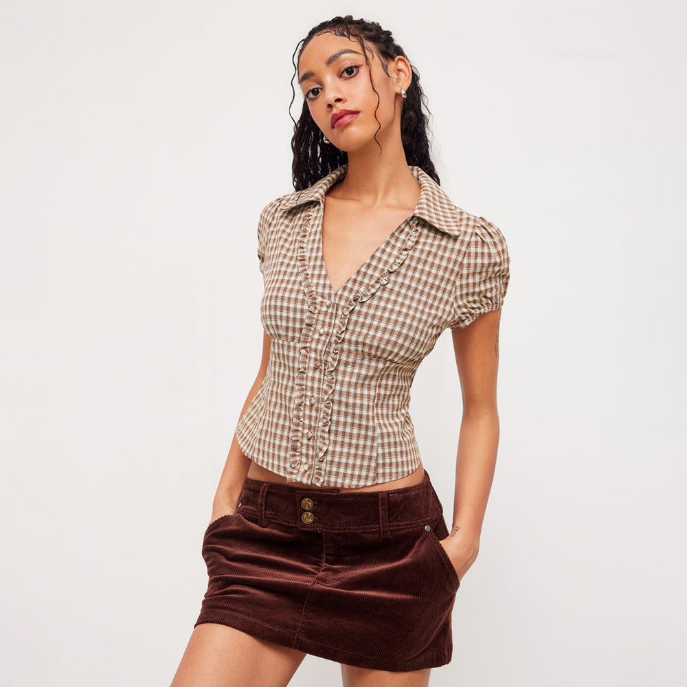 Plaid Shirt Summer Retro Coffee Color Pleated Sexy Stringy Selvedge Lace up Peter Pan Collar Shirt