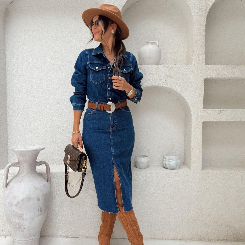 Casual Multi Button Long Sleeve Denim Midi Dress