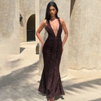 Women's Lace Deep-V Backless Ruched Sheath Maxi Dress