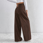 Autumn Winter Retro Coffee Color Wide Leg Pants Women V Shaped Waist Pleated Casual Loose Trousers
